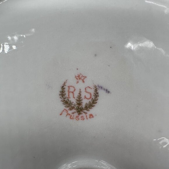 Antique RS Prussia Porcelain Bowl Red Mark Floral Scalloped Handles Pink Flowers - Picture 5 of 11